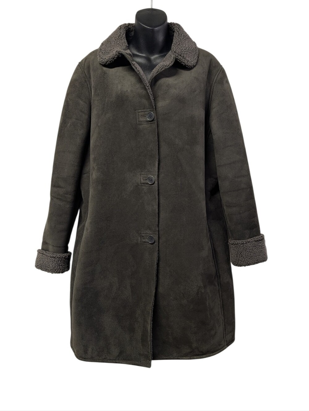 Lands' End Women's Green Faux Suede Sherpa Lined Button Front Collared Coat M
